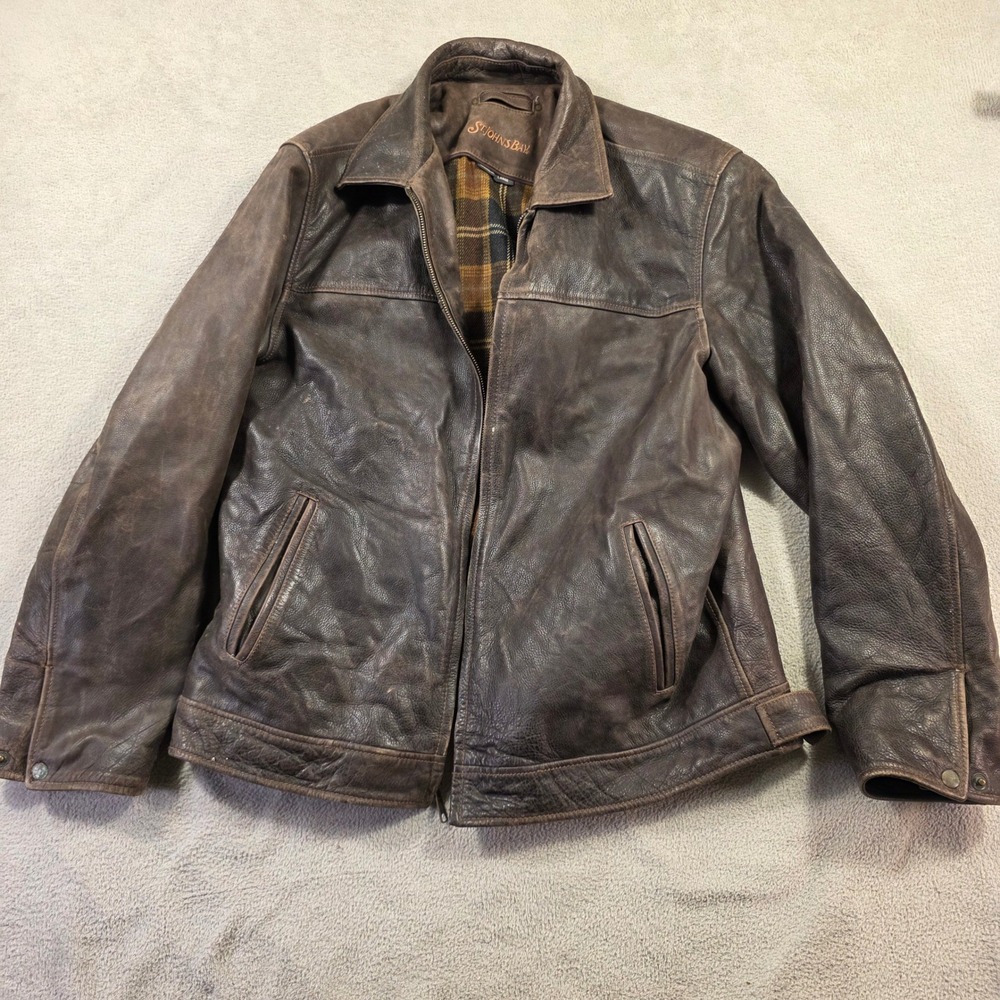 St. Johns Bay Leather Bomber Jacket Mens L Brown Distressed Workwear Streetwear